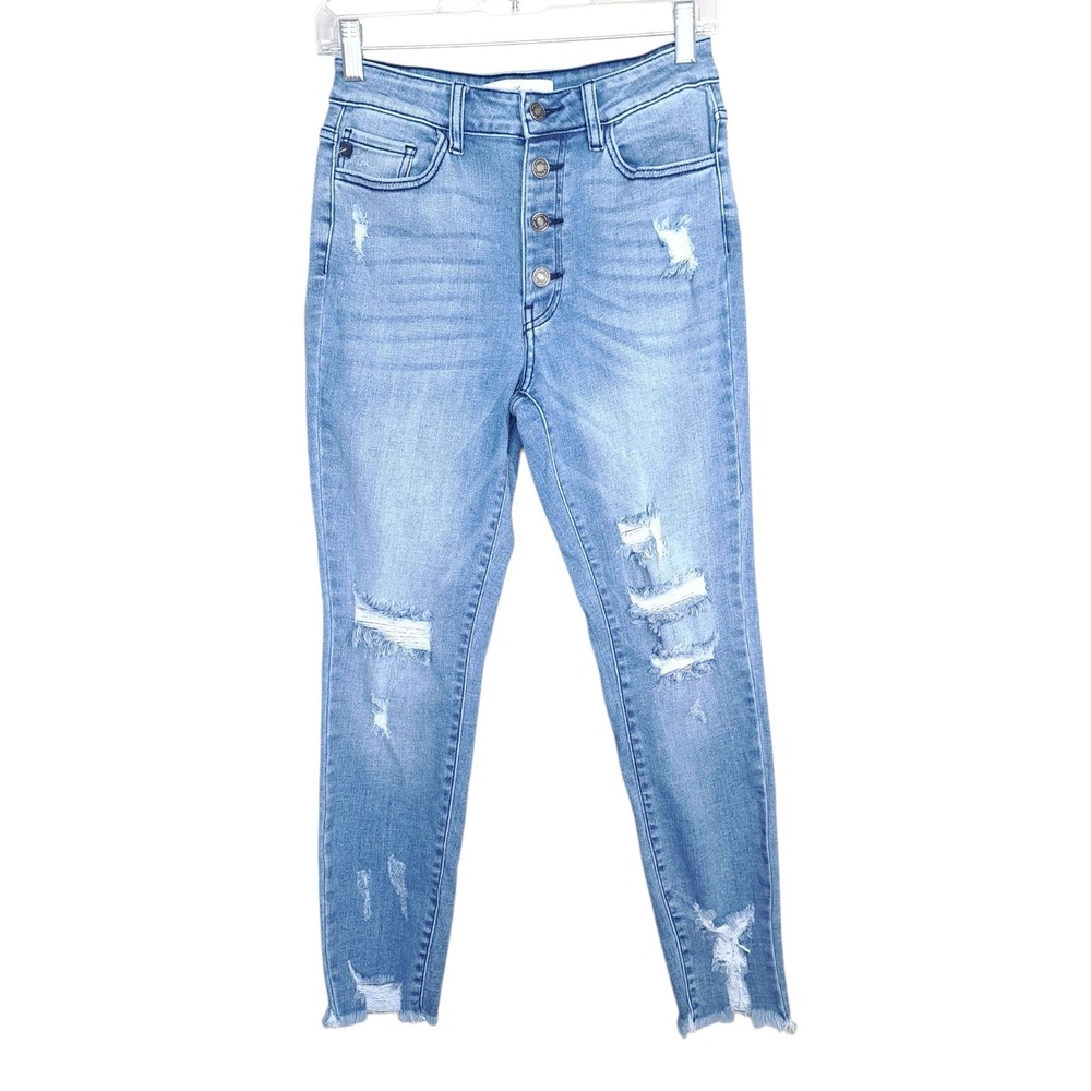 KanCan Women's Jeans High Rise Skinny Blue Distressed Button Fly 9/28